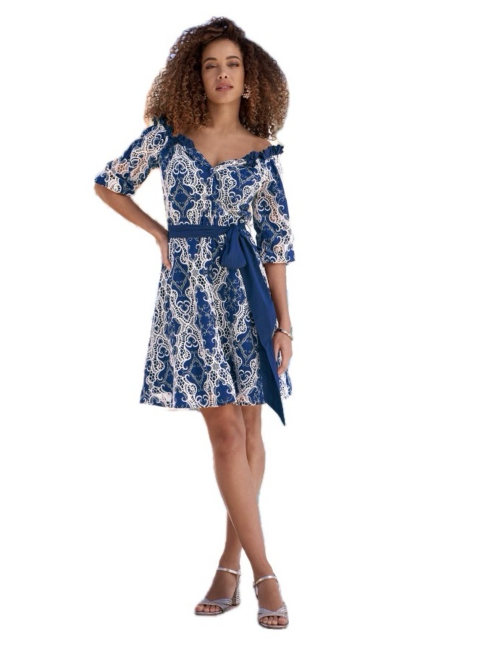 Blue and White Lace-Pattern Fit & Flare Dress with Sash